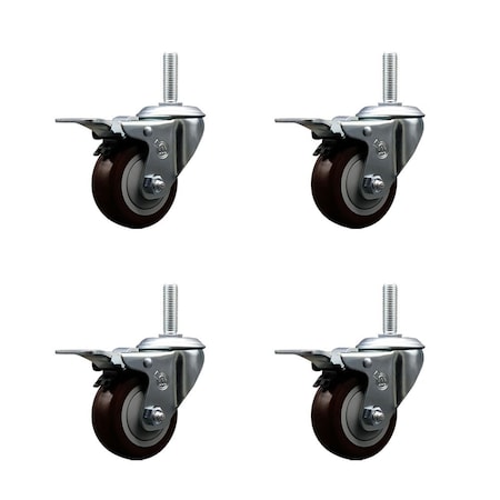 Service Caster 3 Inch Maroon Polyurethane Swivel 34 Inch Threaded Stem Caster Set with Total Lock Brake SCC-TSTTL20S314-PPUB-MRN-34212-4